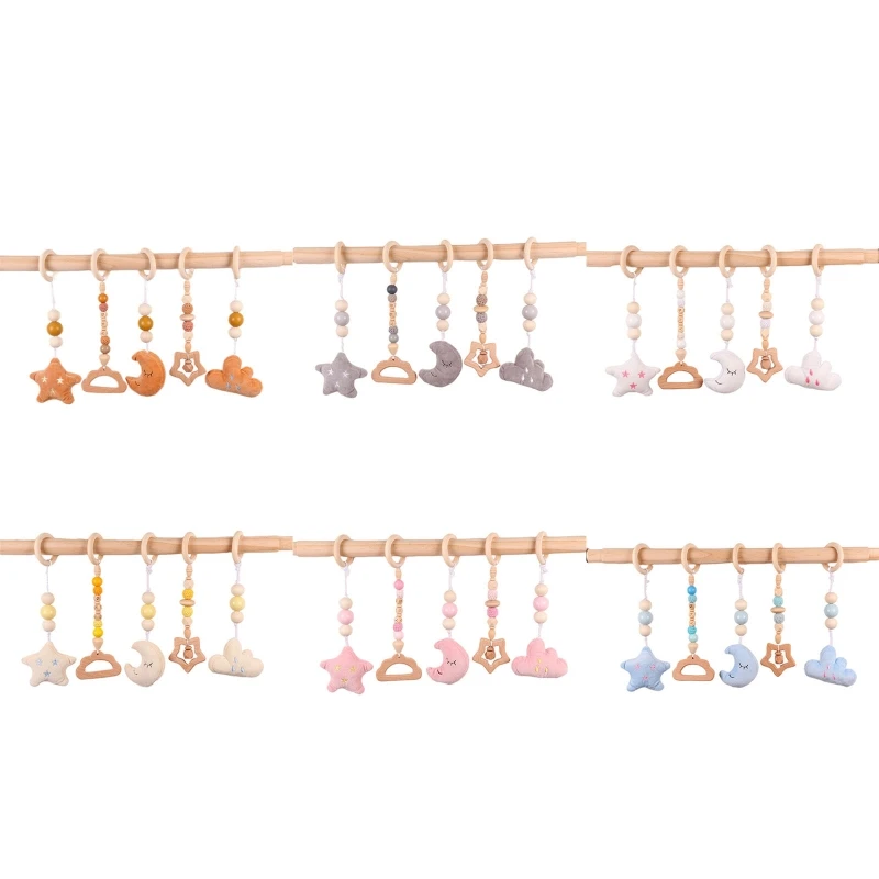 

Q1FE Baby Wooden Toy Hanging Rattle Toys Dangling Pendant Teether for Crib Stroller Infant Play Gym for Newborn 3/6/9m+ 5Pcs