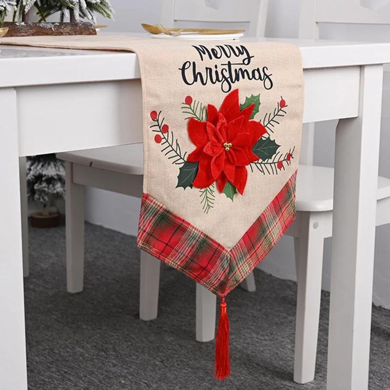 

Merry Christmas Table Runner Red Flower Table Cloth Linen Ornament for Indoor Outdoor Home Party Decoration Gift B03E