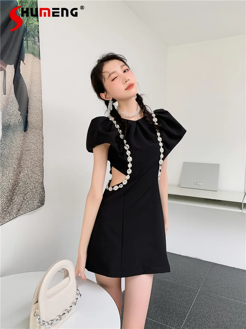 

Heavy Rhinestone Beaded Midriff Outfit Black Dress for Women 2022 Summer New Slim Waist Hollow Out Puffed Sleeves Mini Dresses