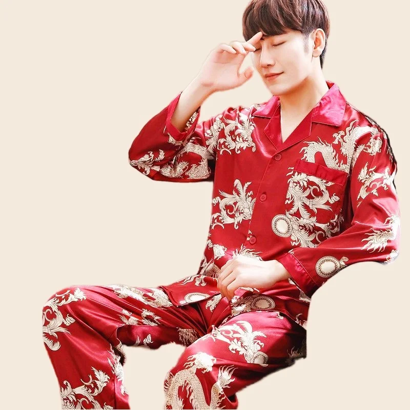 Men's Pajamas Set Short Sleeve T-shirt Long Pants 2Piece/Set Summer Sexy Dragon Print Rayon Pyjama Homewear Cozy PJS Big Size
