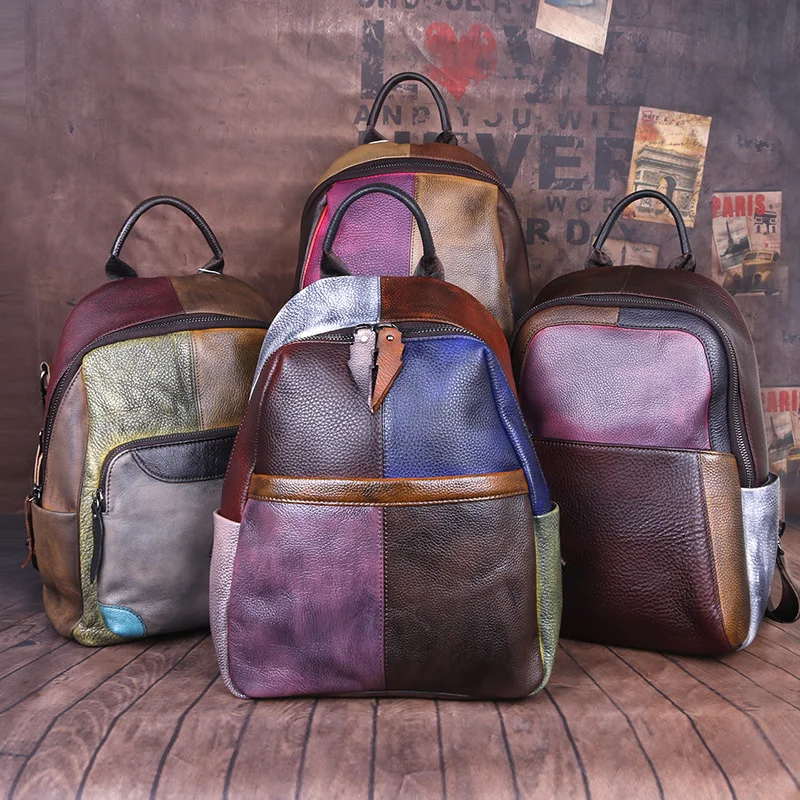 

2023 New Hand-painted Panelled Women Backpack Genuine Leather Female Retro Bag Leisure Vintage Travel Backpack Mochila