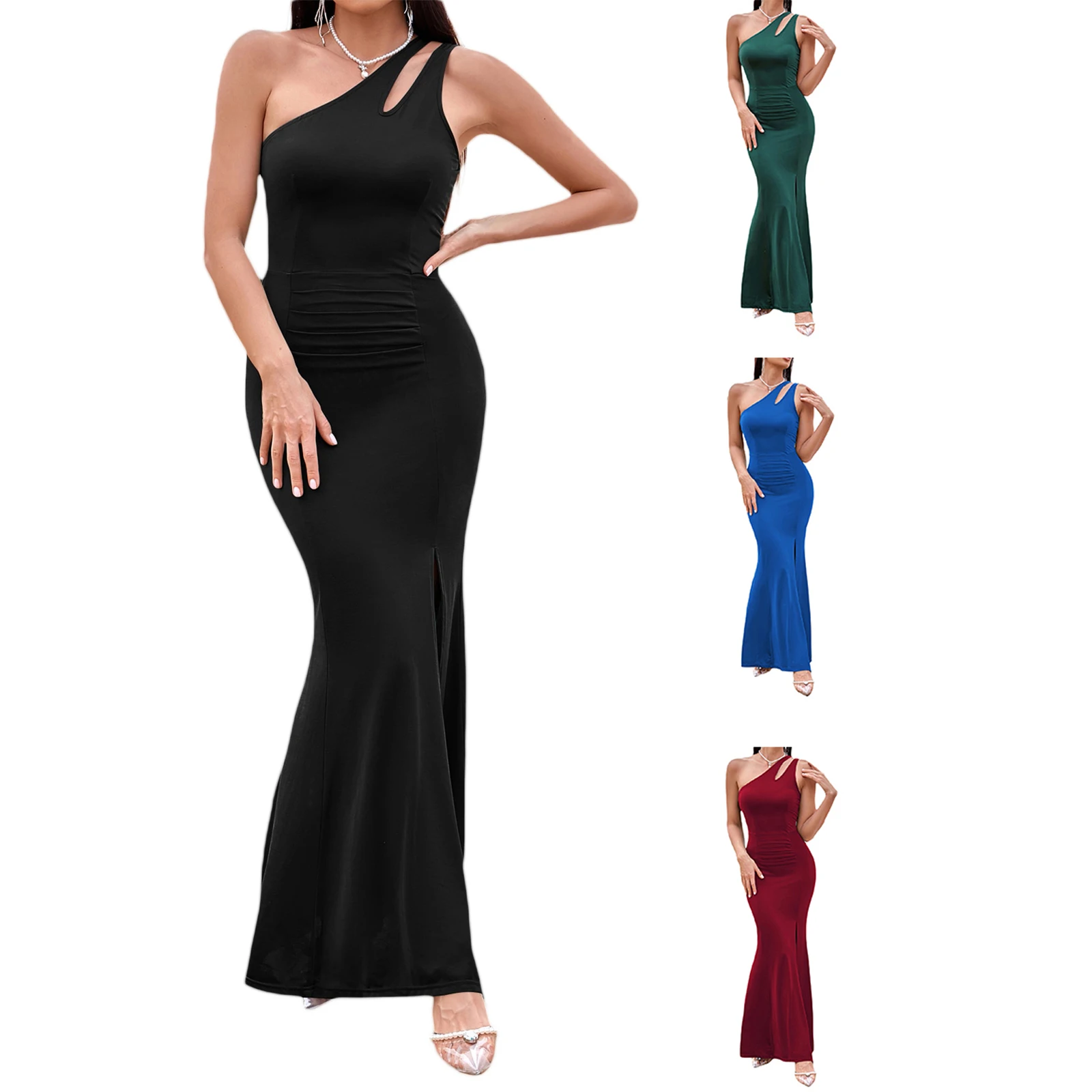 

Women Bodycon Long Dress Summer Solid Color One Shoulder Sleeveless Dress Beach Party Streetwear