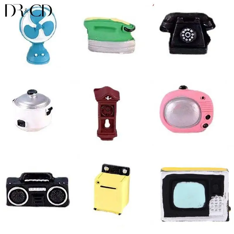 Dollhouse Miniature Simulation Old Appliance Mini TV Radio Iron With Electric Fan Washing Machine Model Doll House Accessories