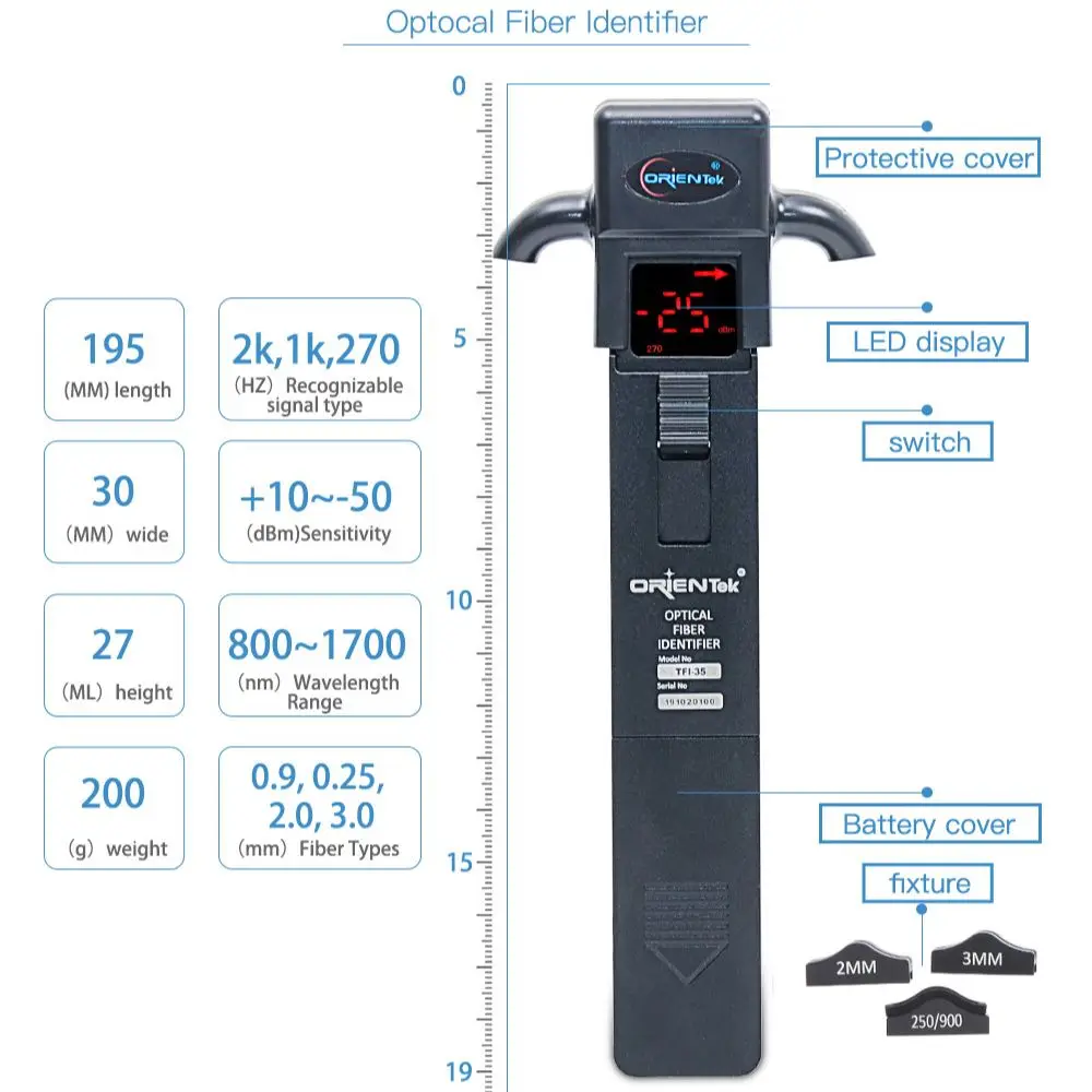 Orientek TFI-35 Cable Fiber Optic Identifier 800-1700nm Live Detector with 4 Adapter Alum Alloy Identificador de fibra ativa |