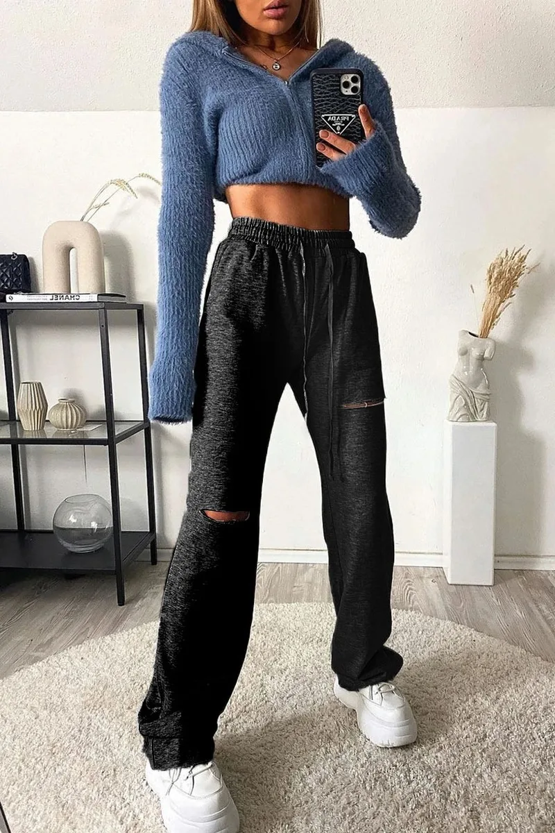 

Women's Casual Hole Sweatpants Casual Fitting Waist Drawstring Soft Ripped Solid Color Trousers Pants for Jogging Sports Fitnes