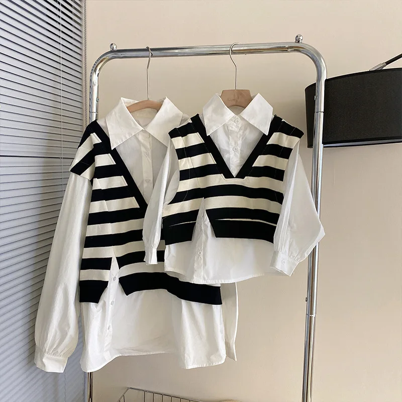 

Модная рубашка-топ для мамы, одежда с длинным рукавом, для дочери, для родителей и детей, два повседневных трикотажных изделия, Осенний имитационный Универсальный корейский стиль