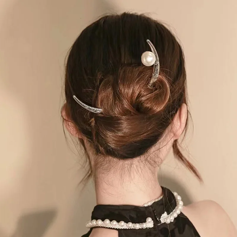 

Vintage Pearl Crescent Hairpin Metal Half Moon Irregular Texture Hair Forks Chinese Hair Accessories Fashion Women Headwear