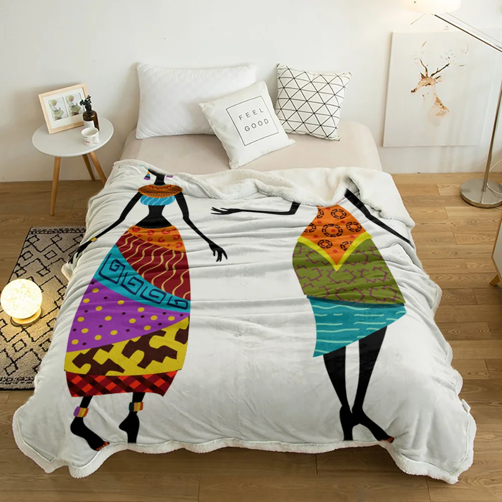 

African Women Ethnic White Plush Throw Blanket Sherpa Fleece Bedspread Blankets Sofa Cover Bedding Picnic Wool Soft Blanket