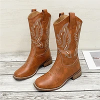 classic western boots women vintage low heel cowboy bootins ladies mid calf leatherette embroidery booties