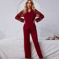 womens homewear new hot sale casual solid color breathable lace mesh lapel ladies long sleeve pants pajama set 2022 fashion
