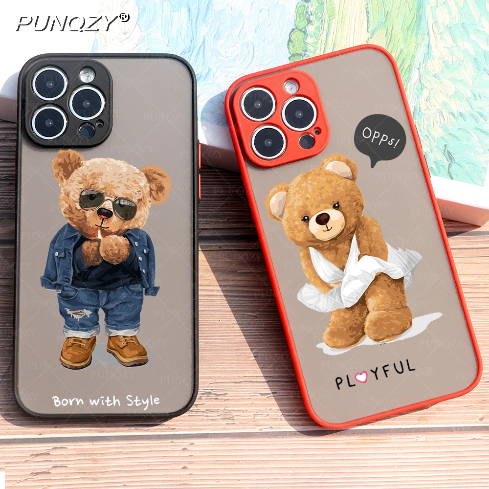 

PUNQZY Cute And Funny Bear High Quality Phone Case For iPhone 11 14 PLUS 13 12 PRO MAX X 7 XR Holiday Gifts Matte Hrad PC Cover