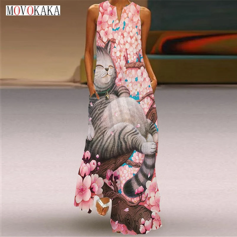 

MOVOKAKA Ladies Spring Summer Pink Long Dress Sleeveless Loose V-neck Cat Print Elegant Dresses Party Casual Beach Women's Dress