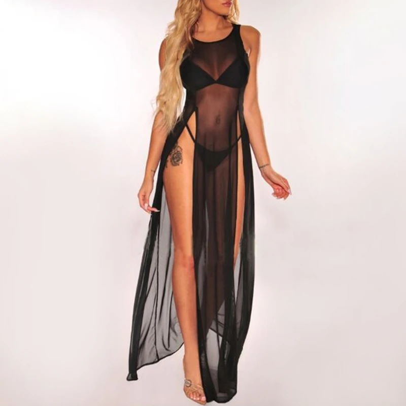 

Sexy Womens Mesh Sheer Long Dress Ladies Bikini Cover Up Beach Sundress Solid See-through Dress Sleeveless Strap Dress