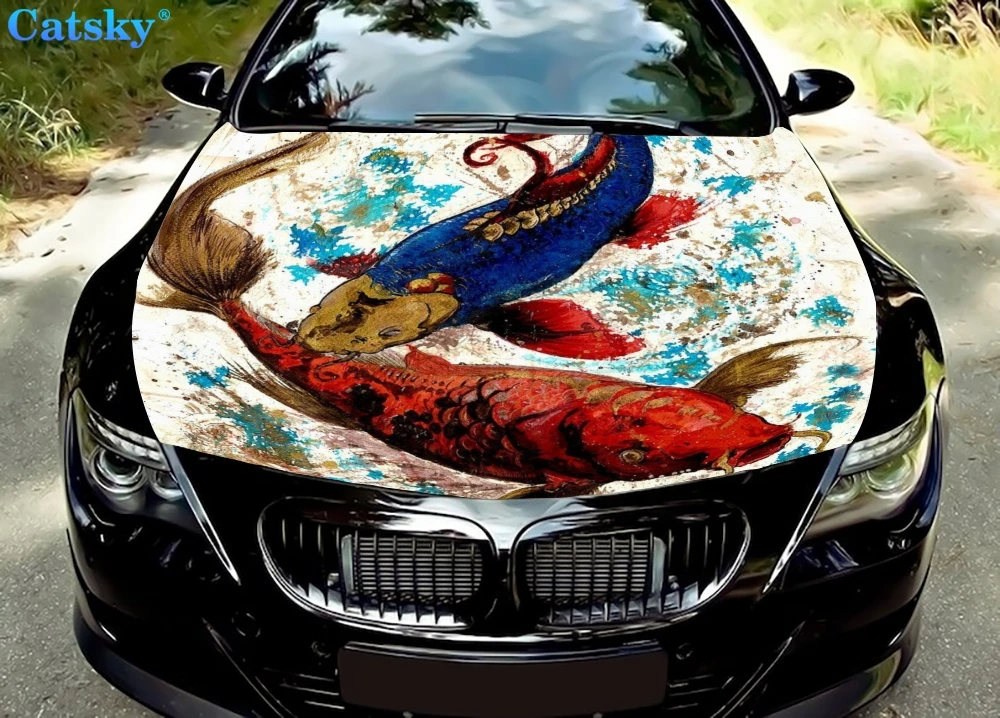 

Чернильная живопись, наклейки на автомобиль с рыбами, Наклейки на капот двигателя, автозапчасти, индивидуальный узор, упаковка, Модифицированная живопись, виниловые автомобильные наклейки