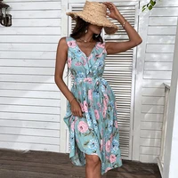 fashion and elegant womens clothing new summer european and american style printed beach skirt blue ruffled mid length dress