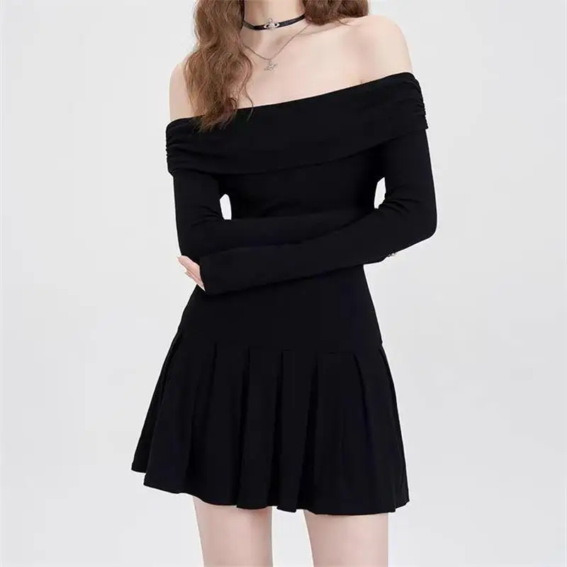 Осеннее сексуальное мини-платье с открытыми плечами для женщин черное