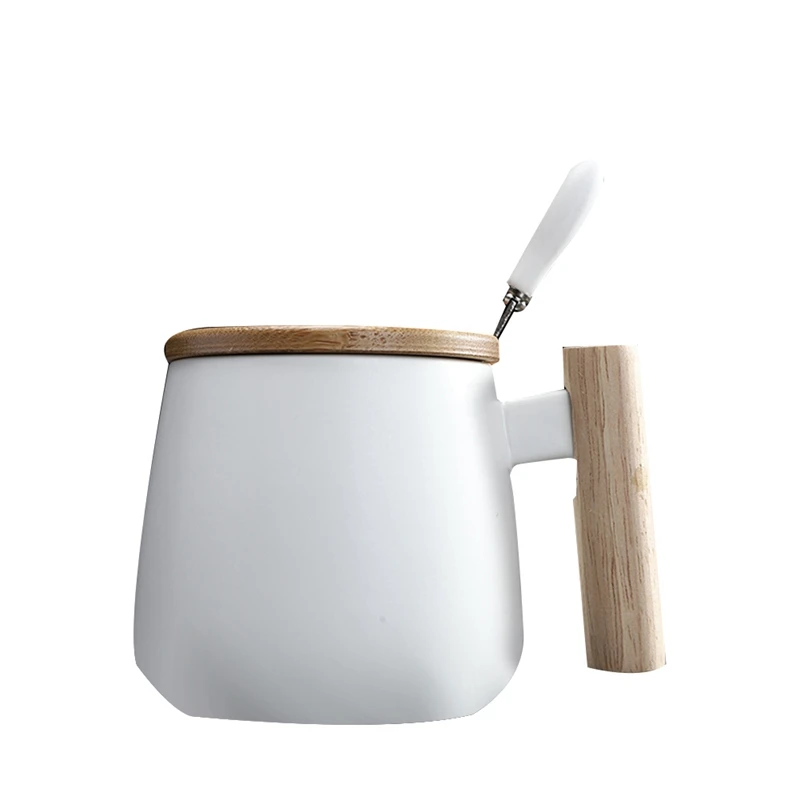 

Nordic Style Household Wooden Handle Ceramic Mug with Spoon Lid Coffee Cup Large Capacity Mug