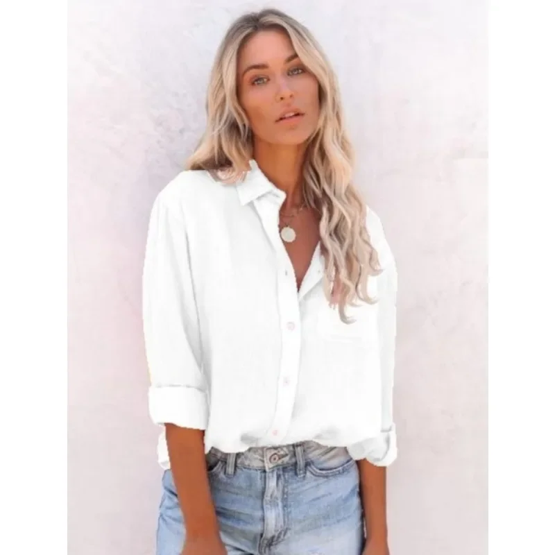 

Shirt Fashion Women Simple Elegant Solid Color Long Sleeve Polo Neck Casual Shirt Lady Loose Casual Tops Victorian Blouse White