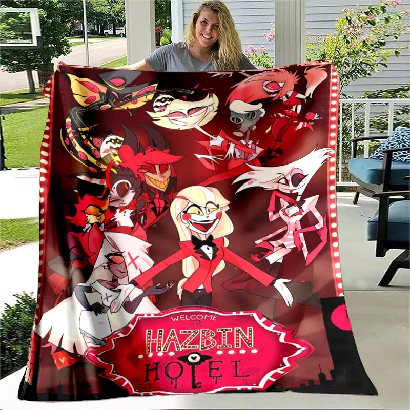 Cartoon Printed Soft Flannel Blanket Hazbin Anime Lightweight Thin Fleece Blanket Bedspread Sofa Couch Camping Traveling Covers