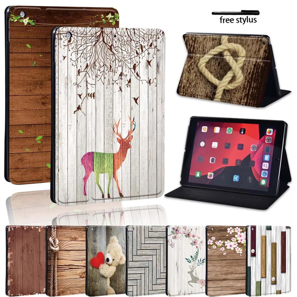 

Leather Stand Case for Apple Ipad 8 2020 8th Generation 10.2 Inch Printed Wood Tablet Wearable Durable Protective Case + Pen