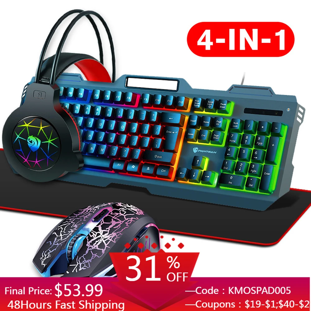 

4 in 1 Wired Mechanical Feel Keyboard Gaming Mouse Headset Set 104-key Ergonomic Keyboard Mice Combos with RGB Backlit for PC