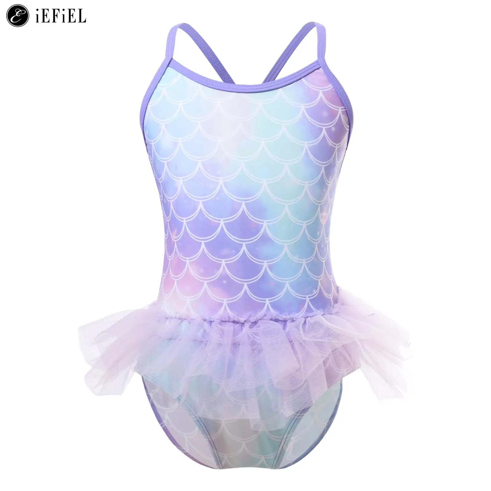 

Kids Girls Sleeveless Mesh Skirted One-Piece Swimwear Mermaid Scales Print Beach Swimsuit Pool Party Water Park Bathing Suit