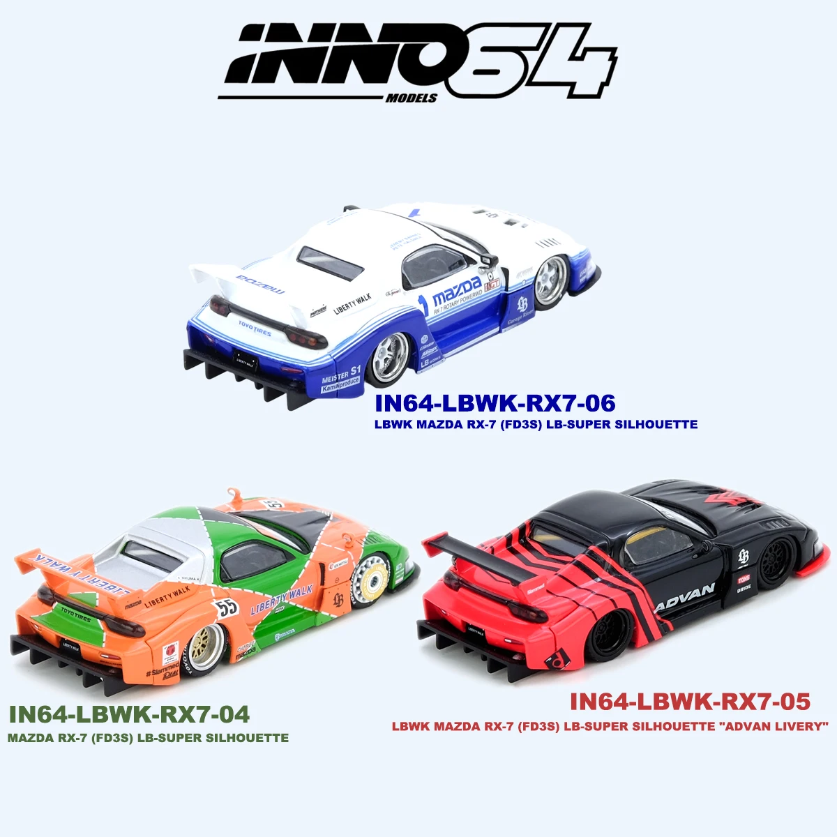Фото INNO64 1:64 LBWK Mazda RX-7 FD3S 3 варианта исполнения: белый, синий # 1 / Зеленый апельсин # 55 / Черно-красная модель автомобиля из литого металла в наличии №3