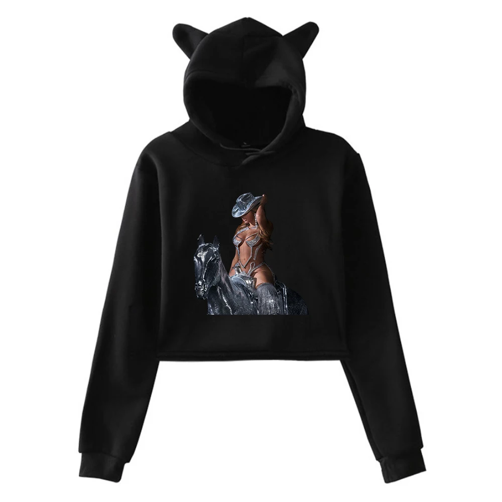 

Beyonce Renaissance Disco Cowboy Hat Pullover Cat Ears Hoodie Long Sleeve Crop Top 2023 World Tour Women's Clothes