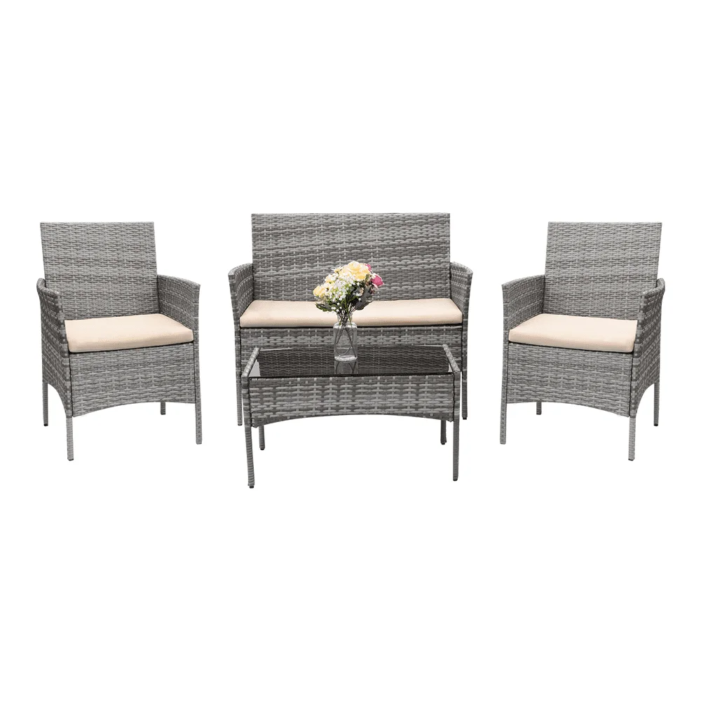 

POPTOP 4 Pieces Outdoor Patio Gray PE Rattan Wicker Table and Chairs Set