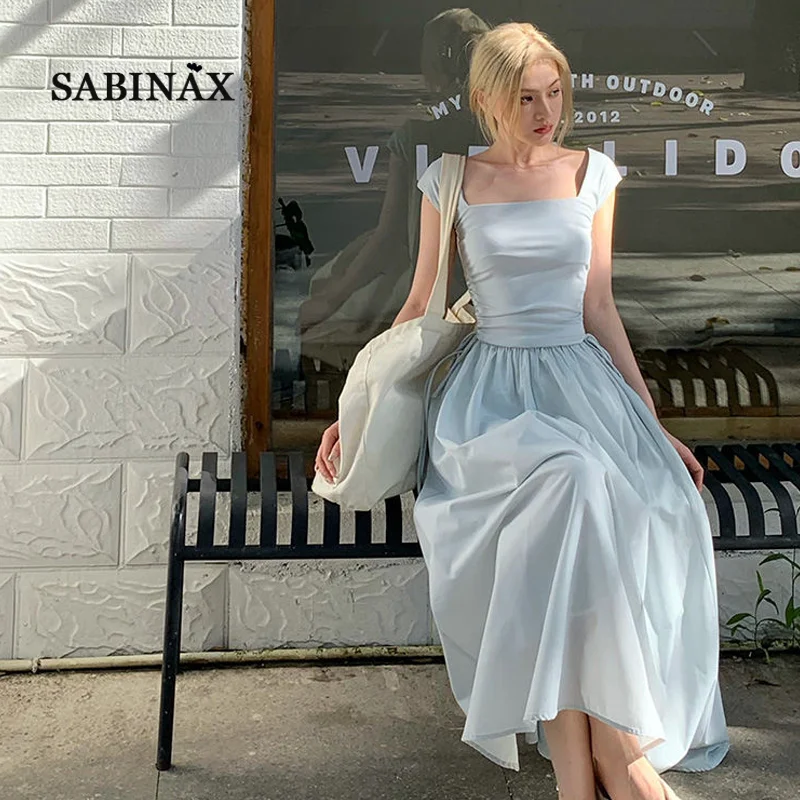 

SABINAX Women Dress Summer Spring Short-sleeved Elegant Long Skirt Simple Korean Fashion High Waist Dresses Women Clothing