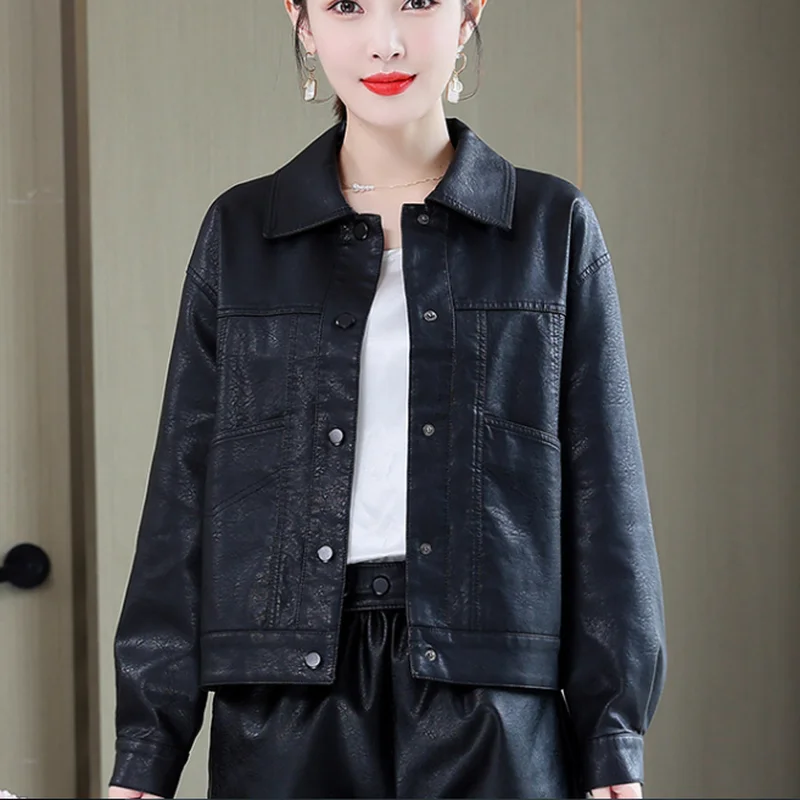 Women's New 2022 Autumn and Winter Fashion Imitation Leather Suit Collar Single-breasted Temperament Long-sleeved Leather Jacket