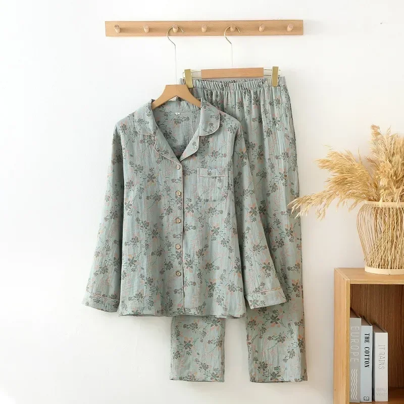 

Collar Printed Set House Pajamas Ladies Vintage Long-sleeve Trousers Wear Women Spring Autumn Flower New Turn-down Cotton