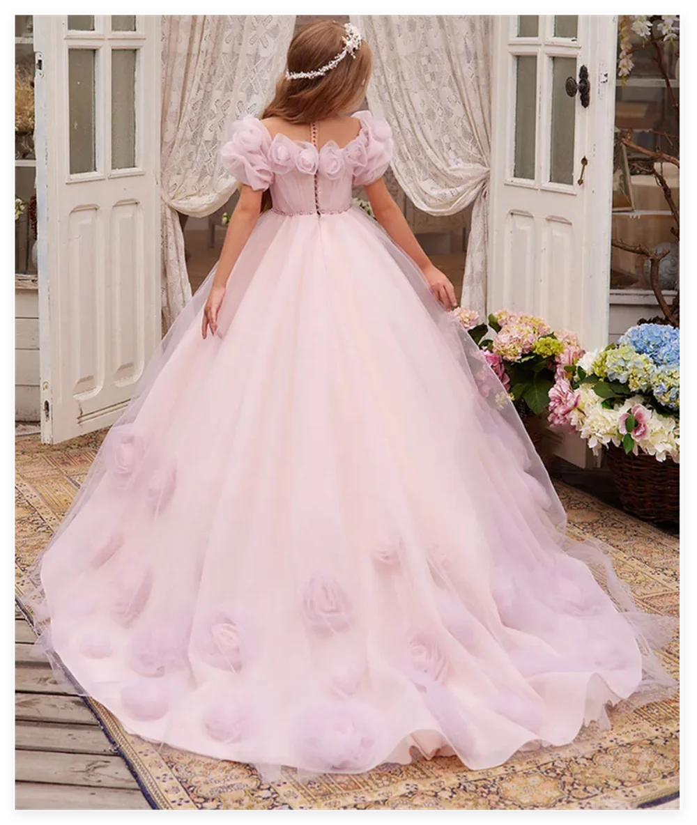 Платья для девочек-цветочниц из тюля с 3D цветами и высоким низким V-образным