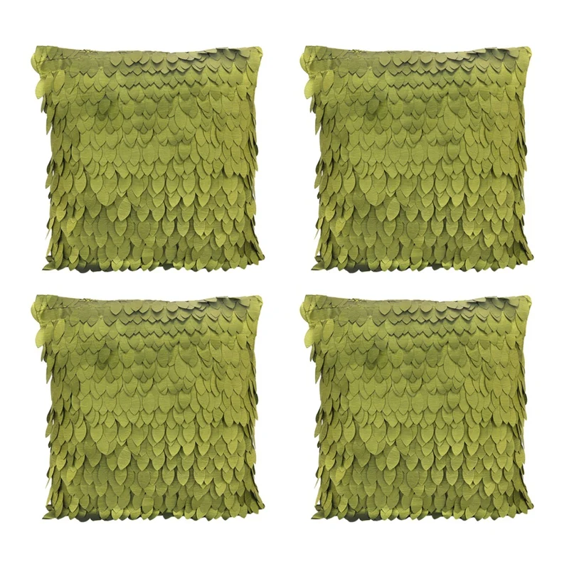 

4 X Leaf-Pattern Satin Pillow Case Cover For Sofa Cushion Car/Bed Pillow 43 X 43Cm---Olive Green