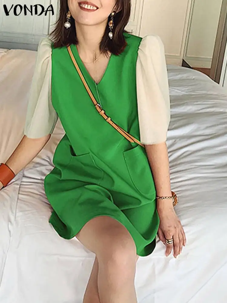 

VONDA Summer Mini Dress 2023 Women V-Neck Sexy Sundress Short Puff Sleeve Color Patchwork Party Beach Vestidos Casual Loose Robe