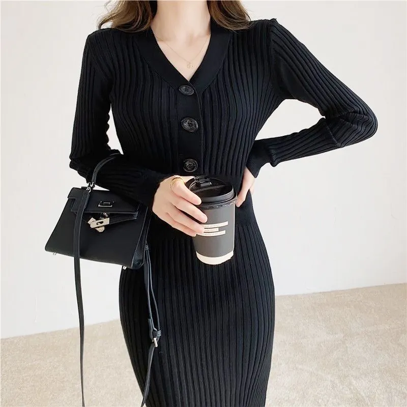 

Женское платье Осень Зима с длинным рукавом однотонное платье обтягивающее эластичное сексуальное платье с высокой талией вечерние наряд Повседневная Длинная юбка с v-образным вырезом