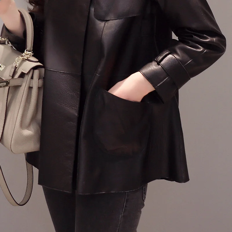 

Motorcycle Leather Jacket Sheepskin Genuine Women's Leather Jacket Spring Autumn Coats Korean Loose Long Jackets