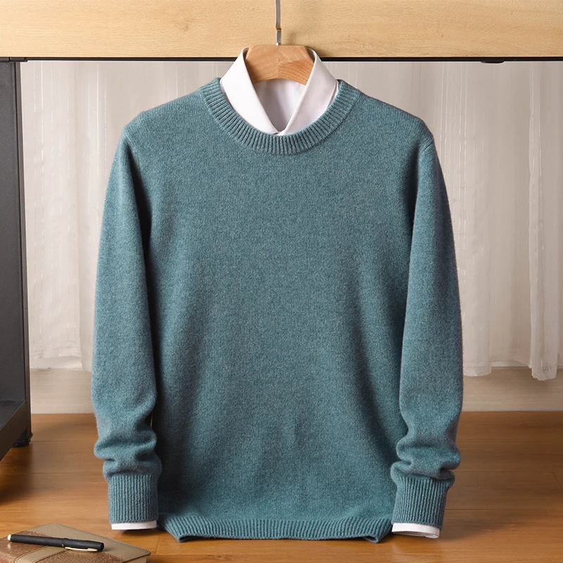 Autumn Winter 2022 New Pure Wool Round Neck Sweater Men's Solid Top Long Sleeve Mid Neck Versatile Men's Underlay Knitwear Trend