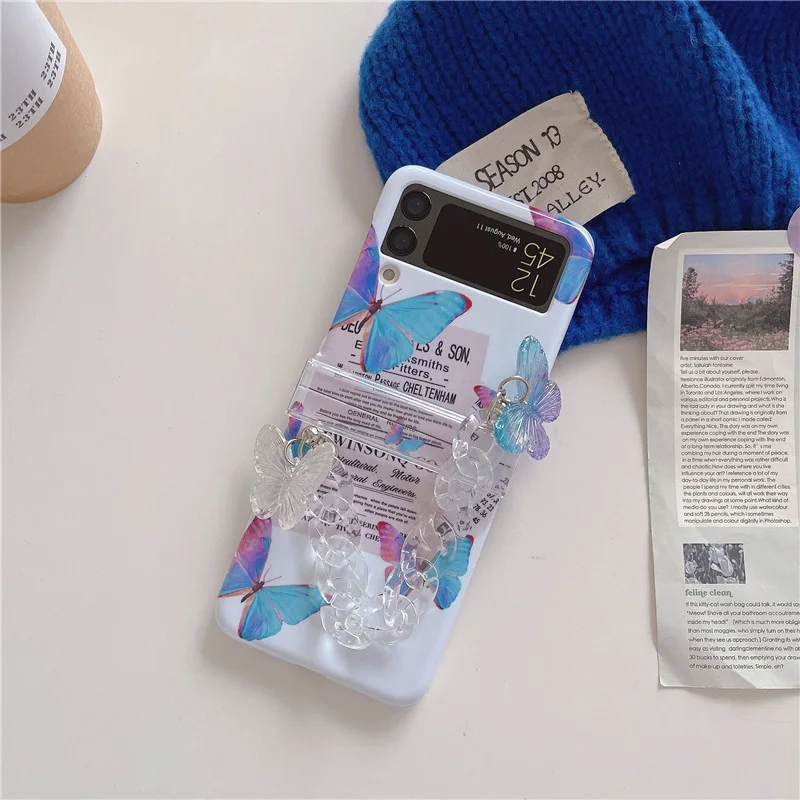

Ins Style Blue Butterfly Pendant Phone Case for Samsung Galaxy ZFlip 4 3 Hard Cover for ZFlip3 Zflip4 Solid Shell Bracket