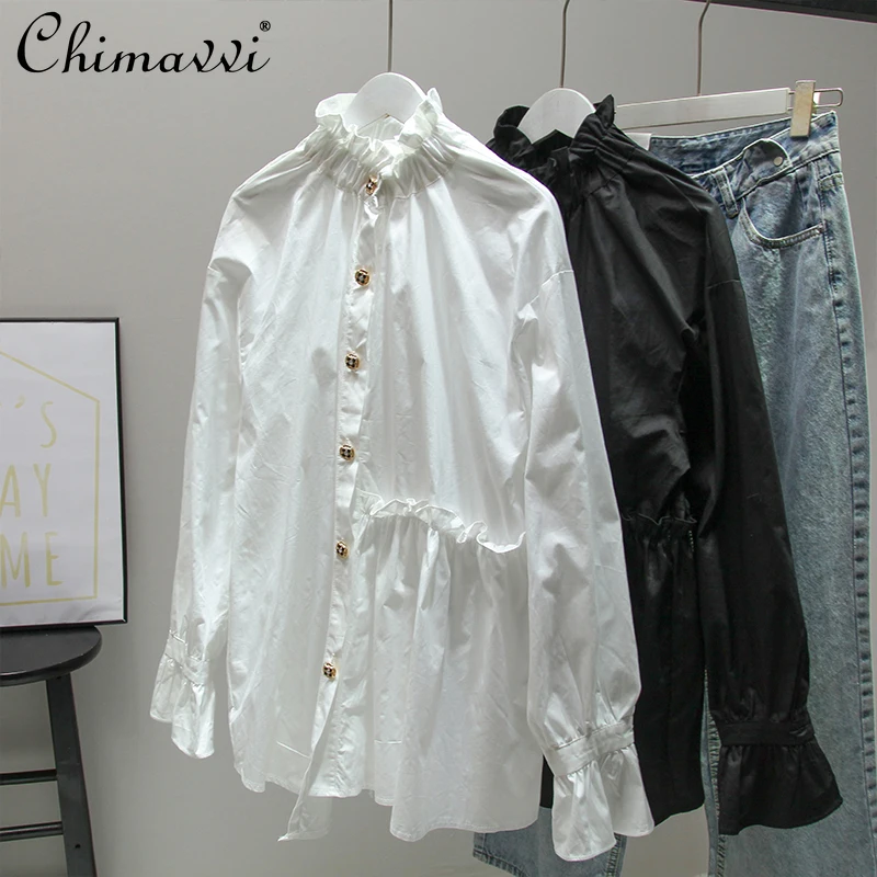 

2022 Spring New French Ladies Fashion Loose Slimming Ruffles Shirt Women's High Collar Mid-Length Top Western Bell Sleeve Blusas