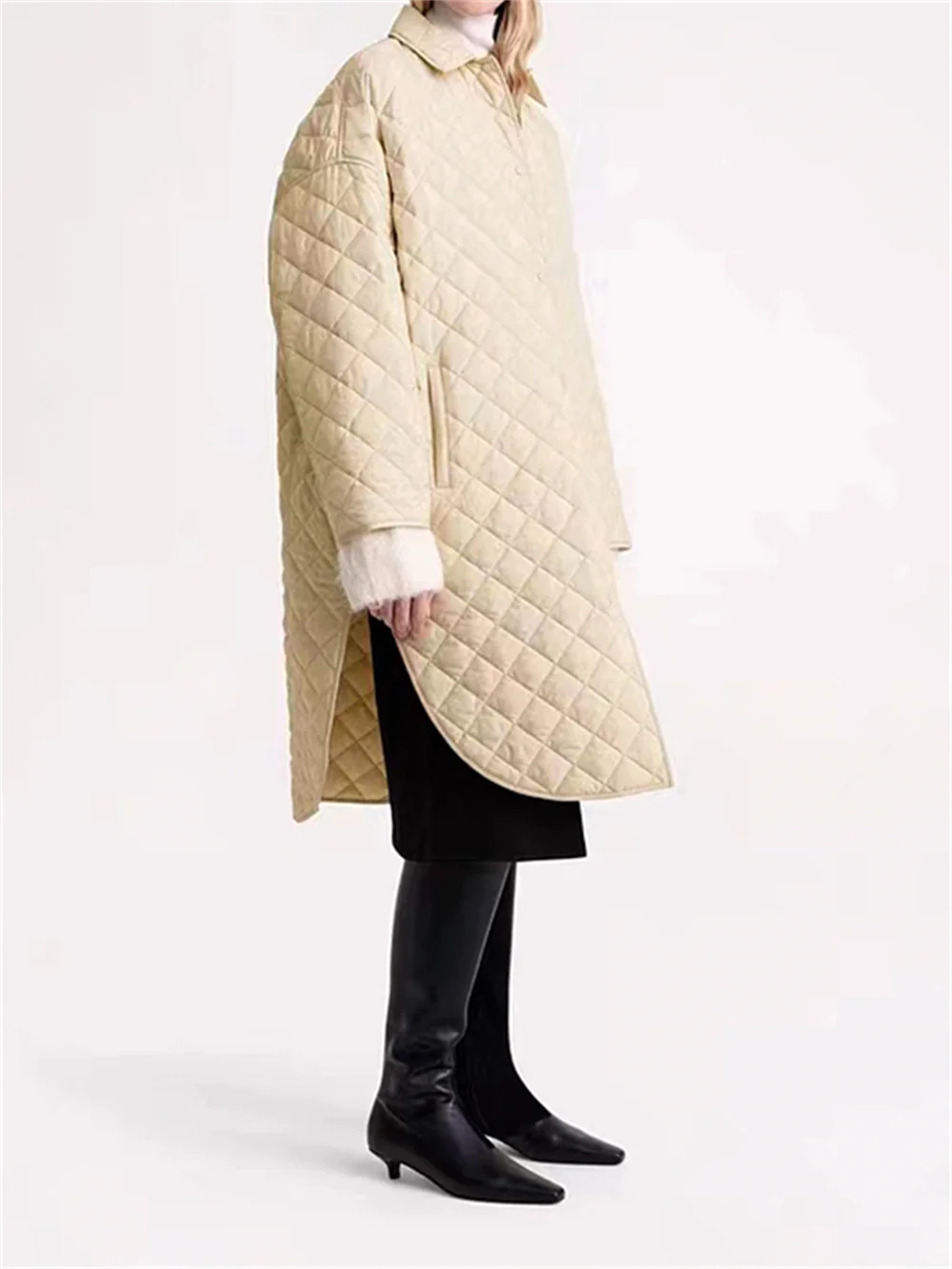 

Женская однобортная стеганая парка, свободная куртка средней длины с отложным воротником и разрезом, с узором ромбиками, Осень-зима 2023