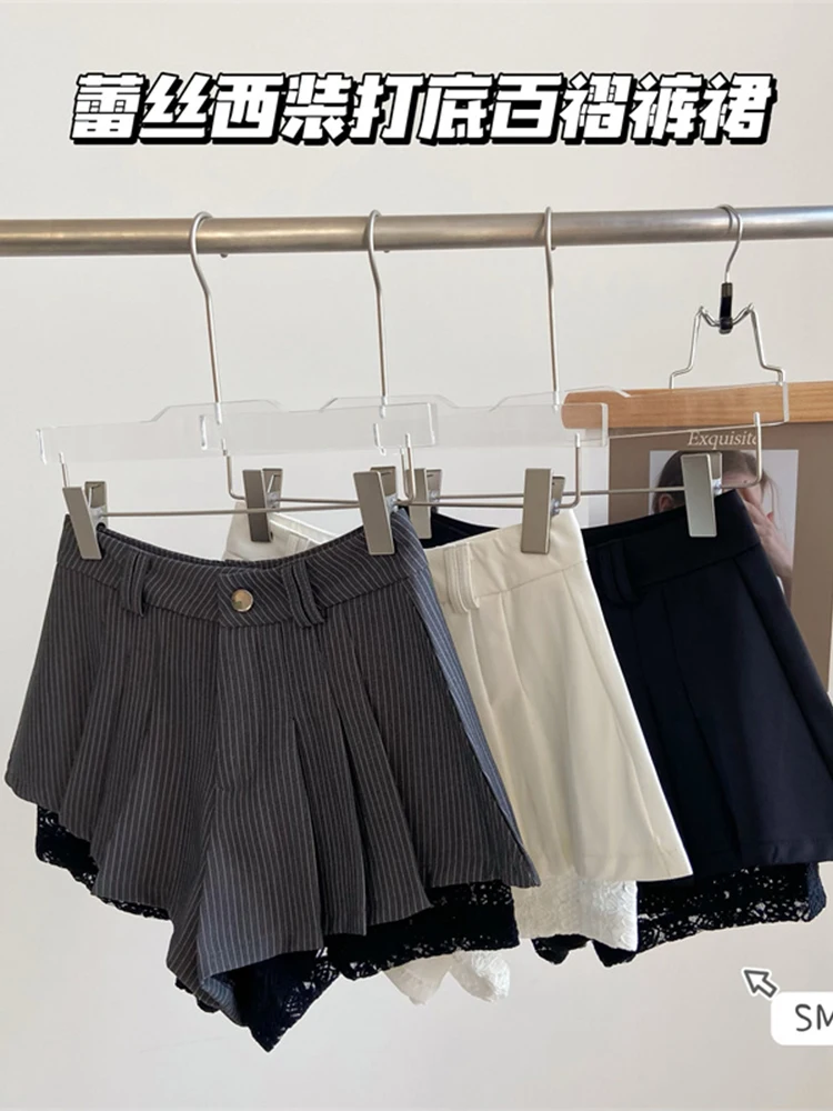 

Женская плиссированная юбка в полоску, трапециевидная кружевная юбка-шорты составного кроя с высокой талией в Корейском стиле, лето 2000