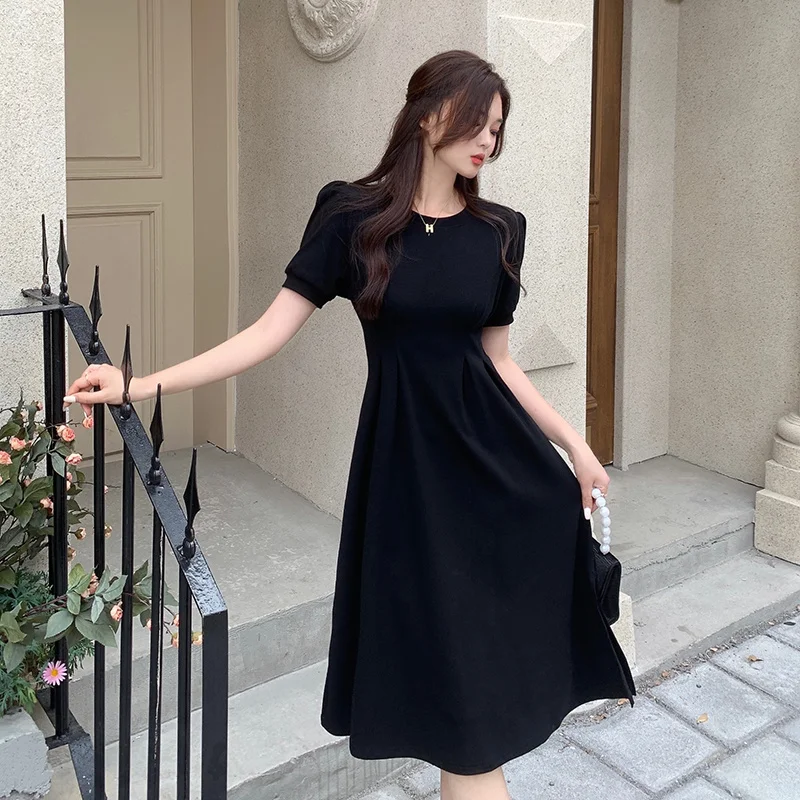 

2022 Summer Korean Style Temperament Commuter Casual All-match Round Neck Solid Color Pleated Thin Small Slit Dress