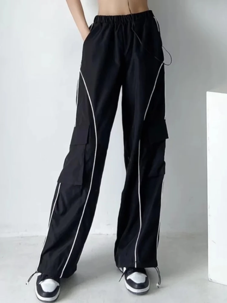 

Striped Patchwork Cargo Pants Women Baggy Trousers Wide Leg Elastic Waist Sweatpants Casual Trend Drawstring Streetwear Overalls