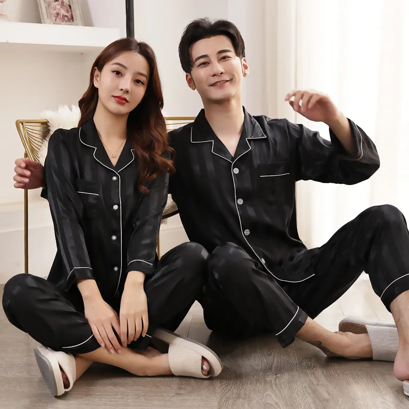 Women Pajama Set Silk Couple Pajamas Lapel Pyjamas Ice Silk Pijama pjs Sleepwear Long Sleeve Shirt Pants Homewear Loungewear