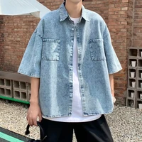 summer shirt short sleeve denim for men streetwear oversized simple casual fashion y2k pocket cotton lapel jeans top clothing