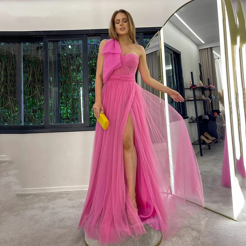 

Hot Pink Classic Prom Dresses A Line Puff Tulle Sweetheart Neck Evening Dress Side Split Backless Formal Prom Party Gowns