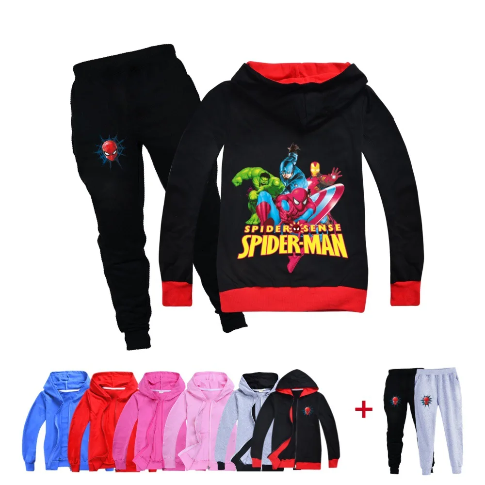 

New Kids Girls Clothes Set Spiderman Spring Long Sleeve Zipper Cardigan Hoodie + Pants Fashion Boutique Sportswear 6-14Y