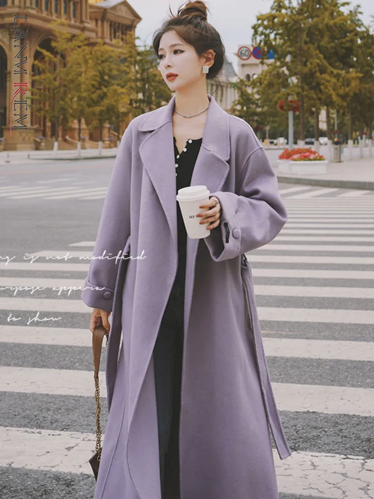 

LANMREM Purple Long Woollen Coats For Women Notched Belt Luxury Winter Loose Clothing Female Korean Style High Street 2R8271
