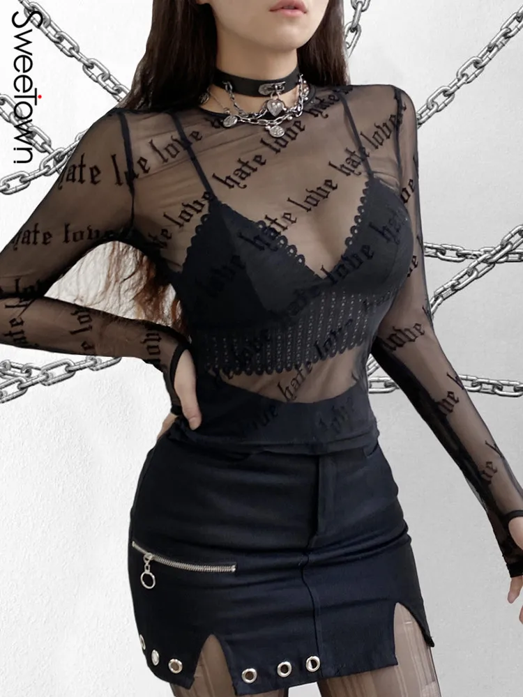 Футболка женская прозрачная сетчатая с длинным рукавом и надписью